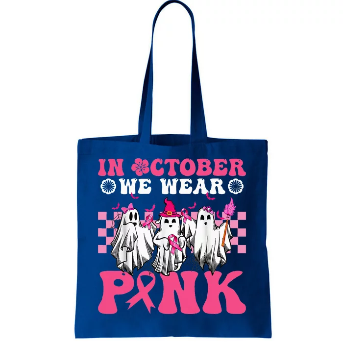 Wear Pink Breast Cancer Warrior Ghost Halloween Groovy Tote Bag