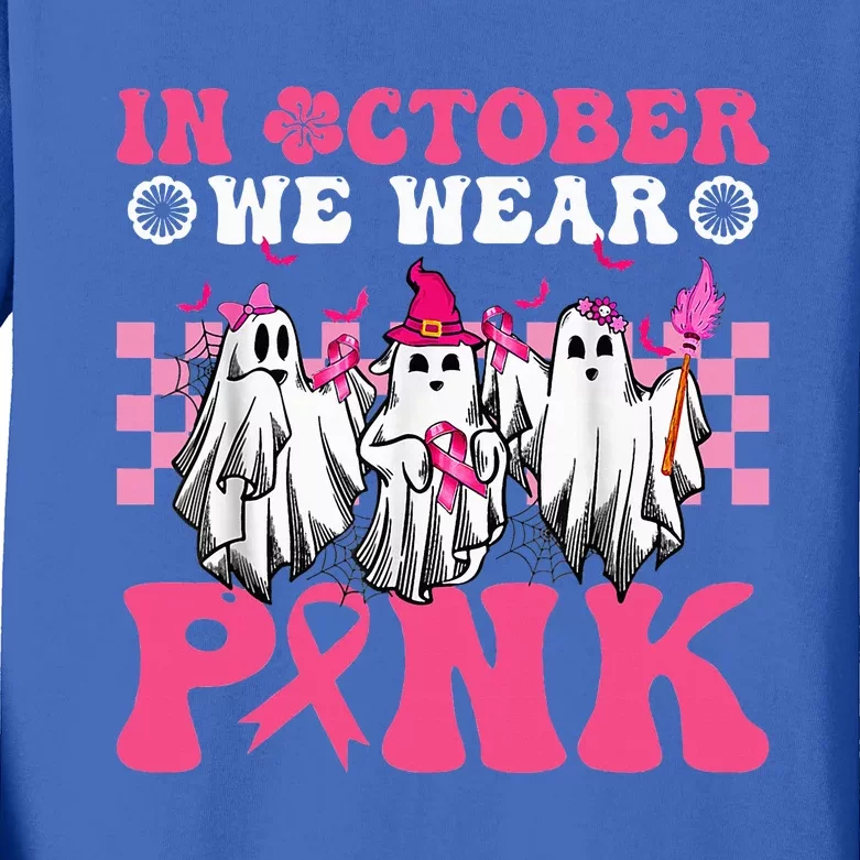 Wear Pink Breast Cancer Warrior Ghost Halloween Groovy Kids Long Sleeve Shirt