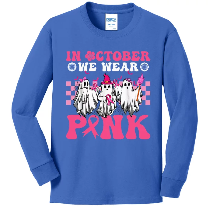 Wear Pink Breast Cancer Warrior Ghost Halloween Groovy Kids Long Sleeve Shirt