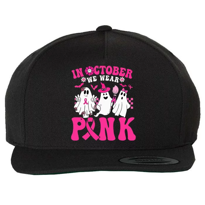 Wear Pink Breast Cancer Warrior Ghost Halloween Groovy Wool Snapback Cap