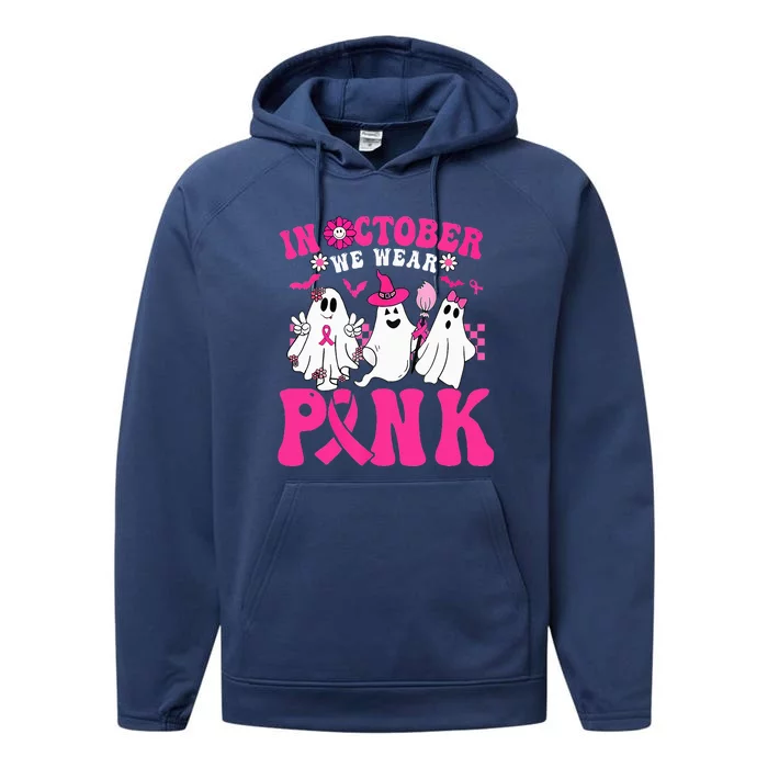 Wear Pink Breast Cancer Warrior Ghost Halloween Groovy Performance Fleece Hoodie