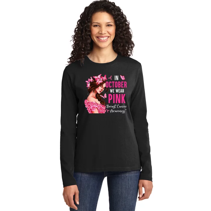 Wear Pink Breast Cancer Awareness Warrior  Pink Ribbon Ladies Long Sleeve Shirt