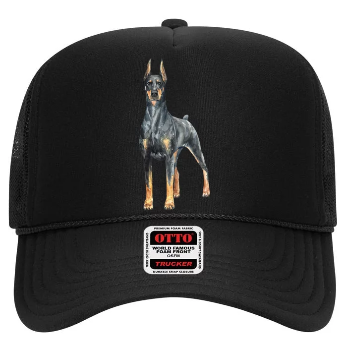 Watercolor Portrait Doberman Pinscher For Dog Owners High Crown Mesh Trucker Hat