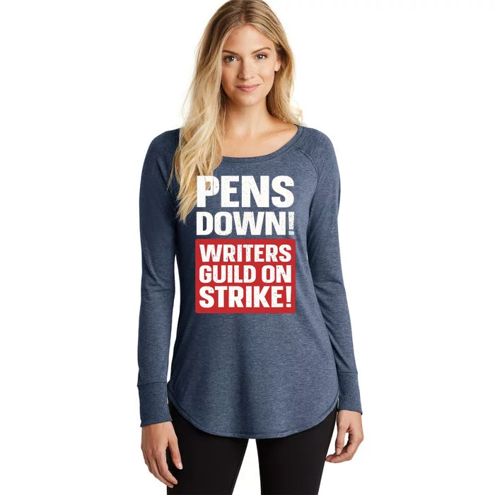 Wo Pens Down Writers Guild On Strike Anti AI Chatbots WGA V-Neck Women's Perfect Tri Tunic Long Sleeve Shirt