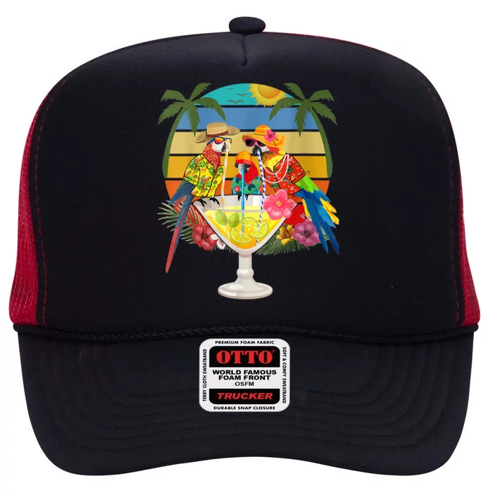 Wo Parrots Drinking Margarita On Summer Vacation High Crown Mesh Trucker Hat