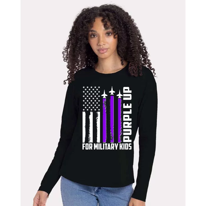 Wear Purple For Military Family Kids USA Flag Womens Cotton Relaxed Long Sleeve T-Shirt