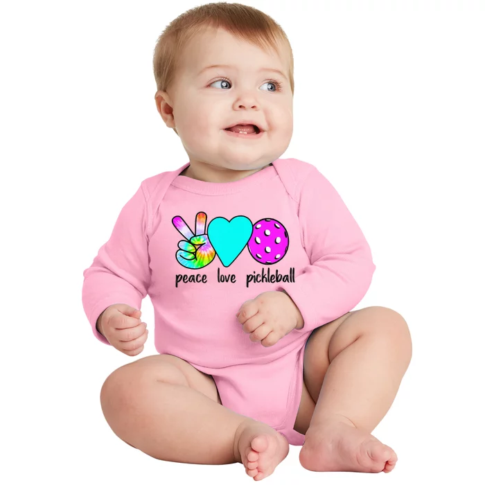 Womans Pickleballer Gift Peace Love Pickleball Tie Dye Baby Long Sleeve Bodysuit