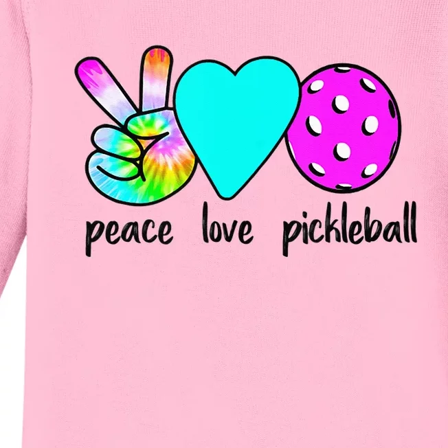 Womans Pickleballer Gift Peace Love Pickleball Tie Dye Baby Long Sleeve Bodysuit