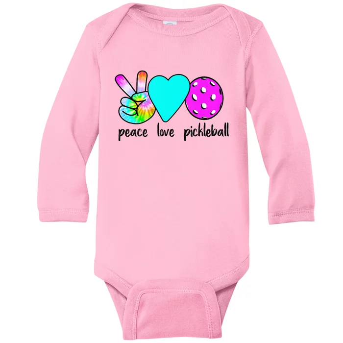 Womans Pickleballer Gift Peace Love Pickleball Tie Dye Baby Long Sleeve Bodysuit