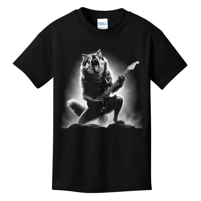 Wolf Playing Guitar Rock And Roll Rock Star Kids T-Shirt