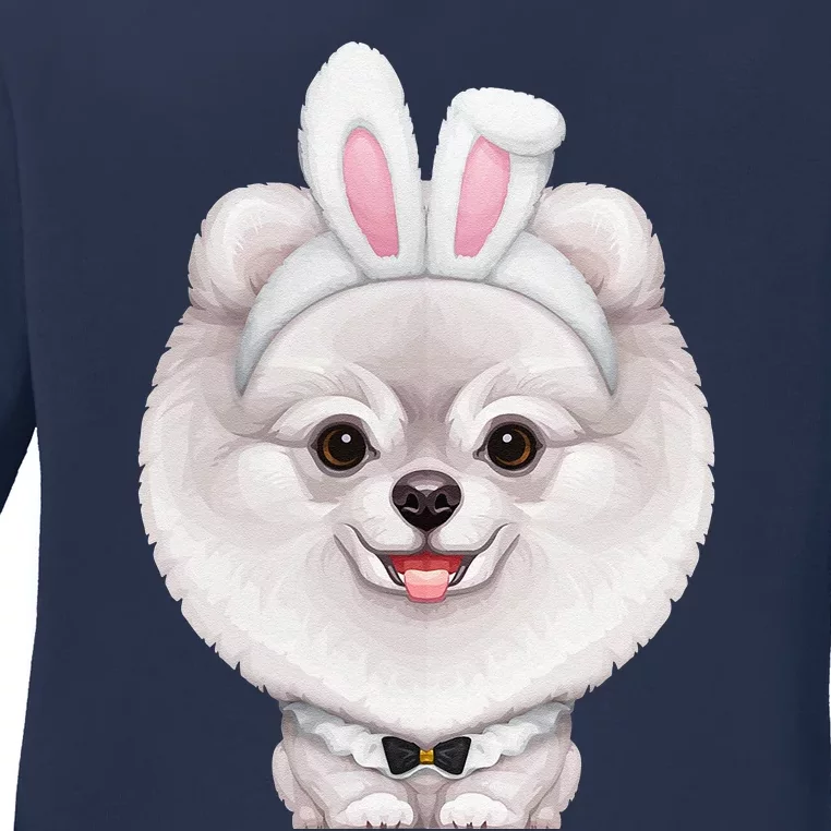 White Pomeranian In The Easter Bunny Costume Ladies Long Sleeve Shirt