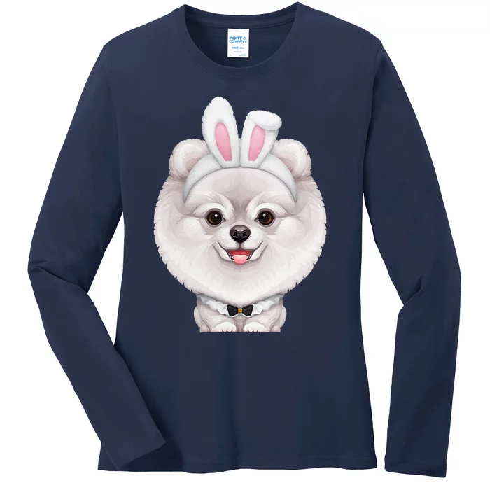 White Pomeranian In The Easter Bunny Costume Ladies Long Sleeve Shirt