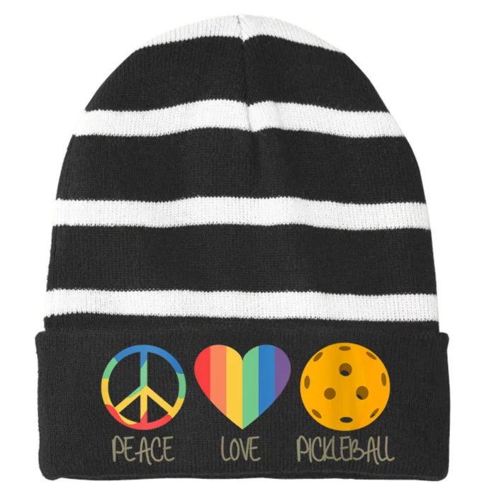 Womens Peace Love Pickleball Striped Beanie with Solid Band