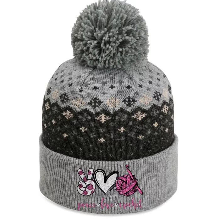 Womens Peace Love Crochet Funny Crocheting Lover The Baniff Cuffed Pom Beanie