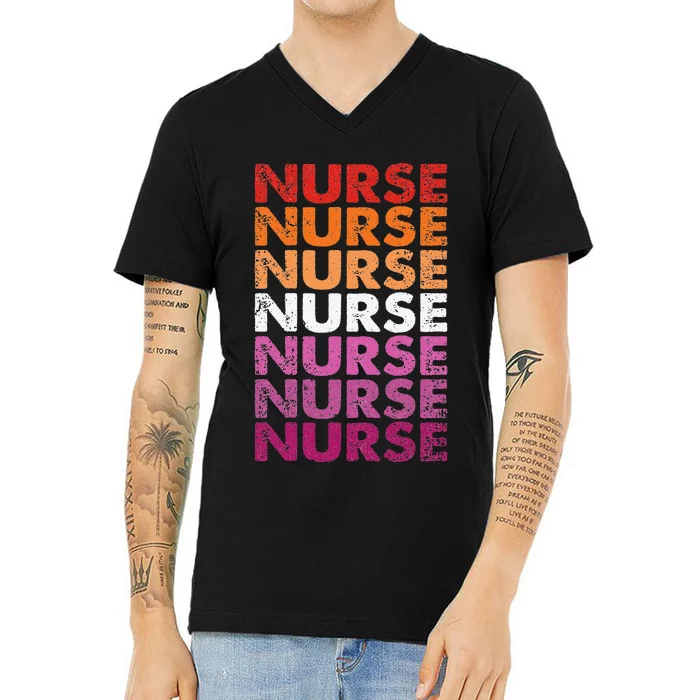 Womens Pride Nurse Lesbian Retro LGBTQ Flag LPN RN Nursing V-Neck T-Shirt