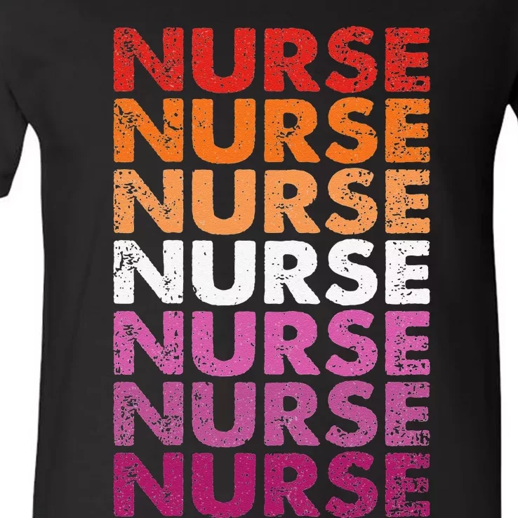 Womens Pride Nurse Lesbian Retro LGBTQ Flag LPN RN Nursing V-Neck T-Shirt