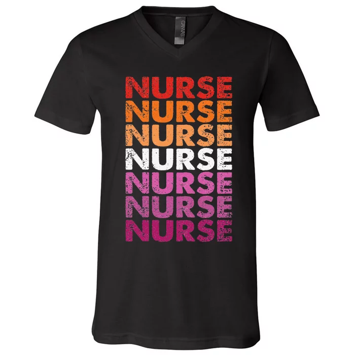 Womens Pride Nurse Lesbian Retro LGBTQ Flag LPN RN Nursing V-Neck T-Shirt