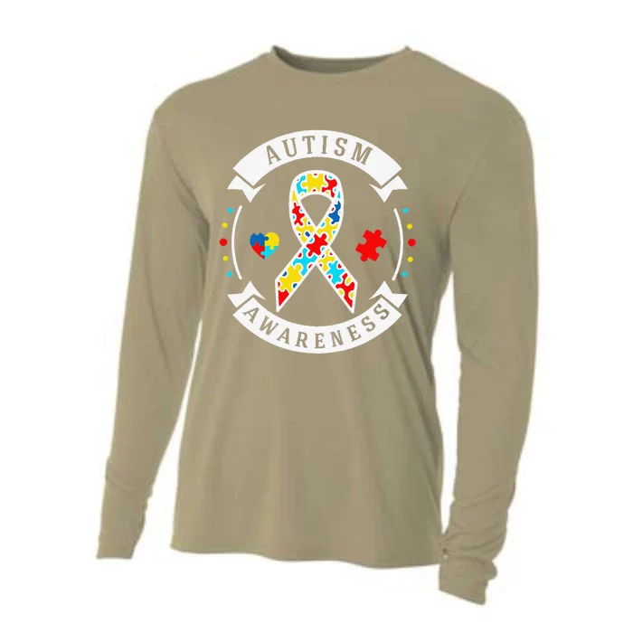 White Puzzle Piece Ribbon Autism Awareness Cooling Performance Long Sleeve Crew