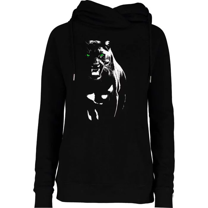 Wild Proud Panther With Cool Green Eyes Shows Womens Funnel Neck Pullover Hood