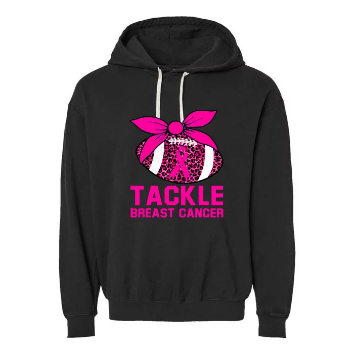 Woman Pink Ribbon Tackle Football For Breast Cancer Awareness Gift Garment-Dyed Fleece Hoodie