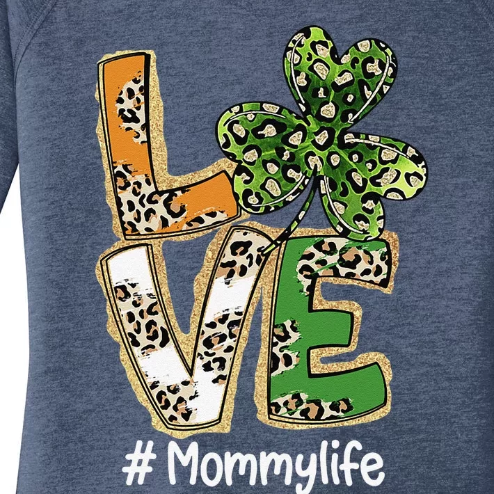 Womens Plaid Shamrock Leopard Funny St Patricks Day LOVE Mommy Women's Perfect Tri Tunic Long Sleeve Shirt