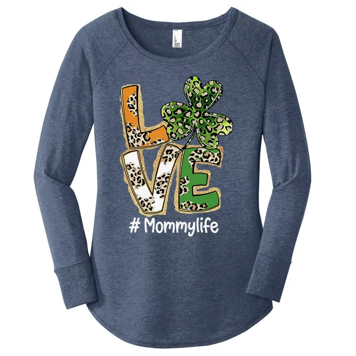 Womens Plaid Shamrock Leopard Funny St Patricks Day LOVE Mommy Women's Perfect Tri Tunic Long Sleeve Shirt