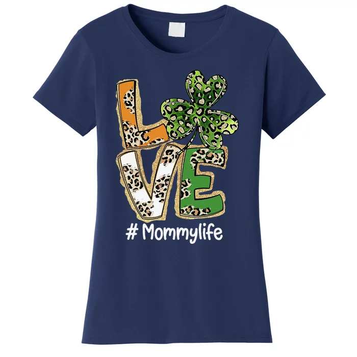 Womens Plaid Shamrock Leopard Funny St Patricks Day LOVE Mommy Women's T-Shirt