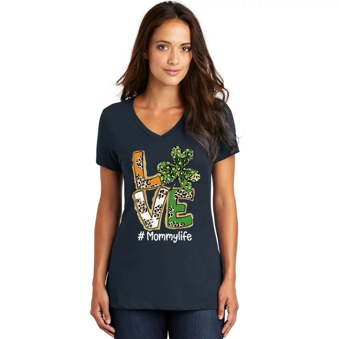 Womens Plaid Shamrock Leopard Funny St Patricks Day LOVE Mommy Women's V-Neck T-Shirt