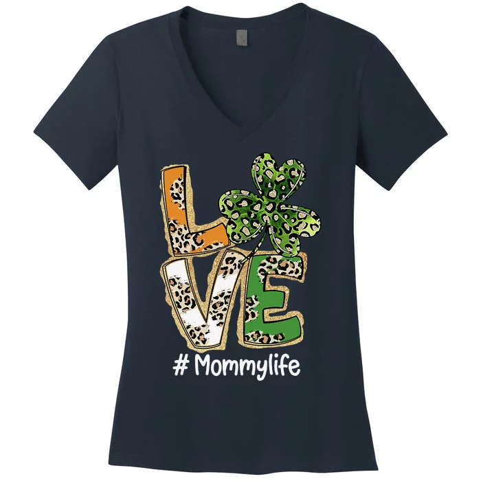 Womens Plaid Shamrock Leopard Funny St Patricks Day LOVE Mommy Women's V-Neck T-Shirt