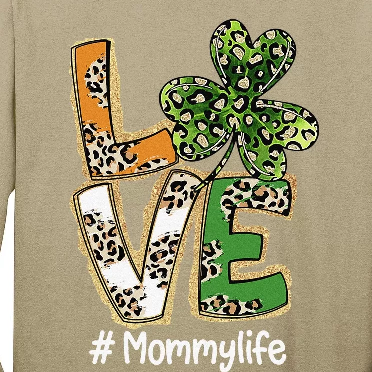 Womens Plaid Shamrock Leopard Funny St Patricks Day LOVE Mommy Tall Long Sleeve T-Shirt