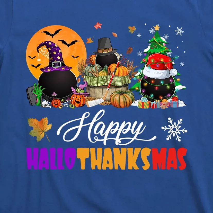 Witch Pilgrim Santa Ice Hockey Pucks Happy Hallothanksmas Great Gift T-Shirt