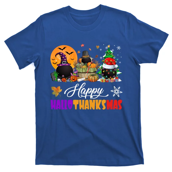 Witch Pilgrim Santa Ice Hockey Pucks Happy Hallothanksmas Great Gift T-Shirt