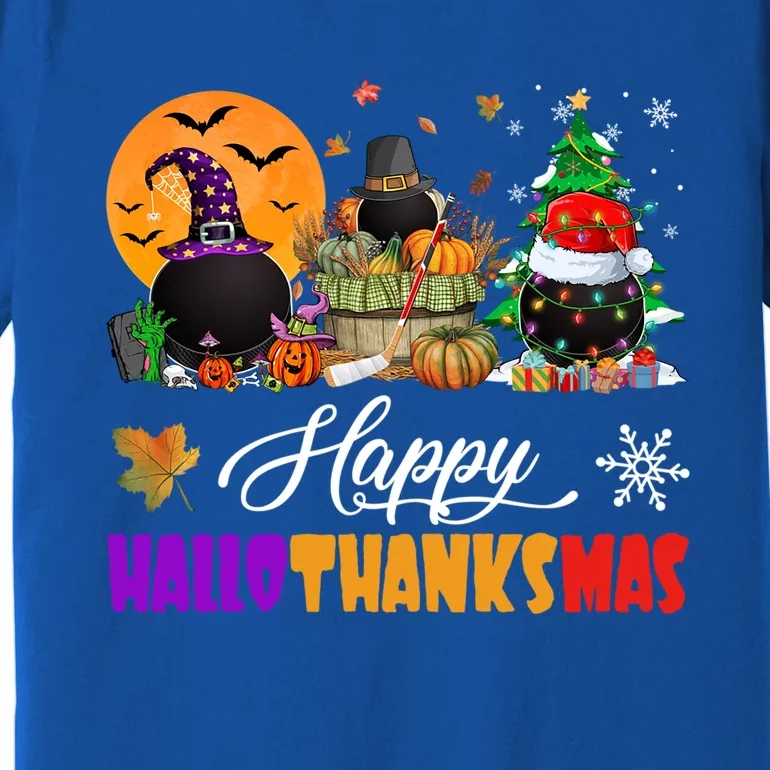 Witch Pilgrim Santa Ice Hockey Pucks Happy Hallothanksmas Great Gift Premium T-Shirt