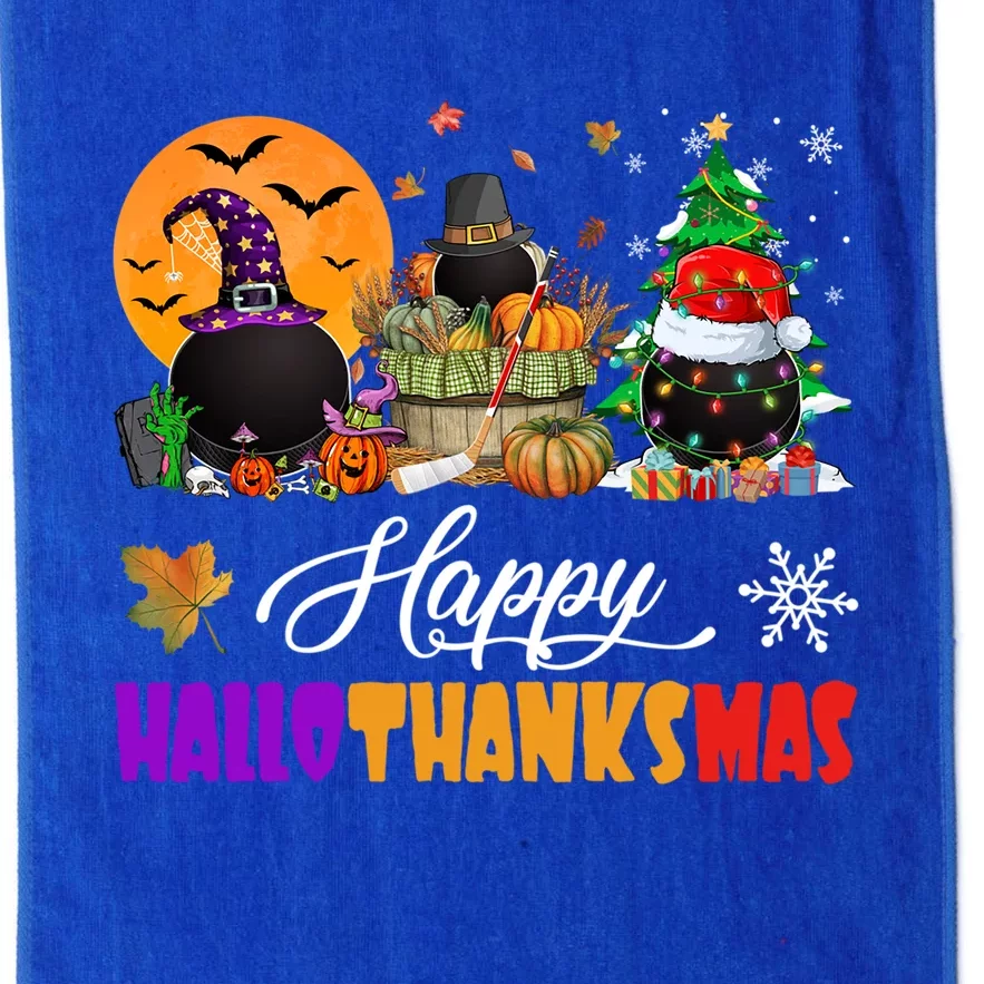 Witch Pilgrim Santa Ice Hockey Pucks Happy Hallothanksmas Great Gift Platinum Collection Golf Towel