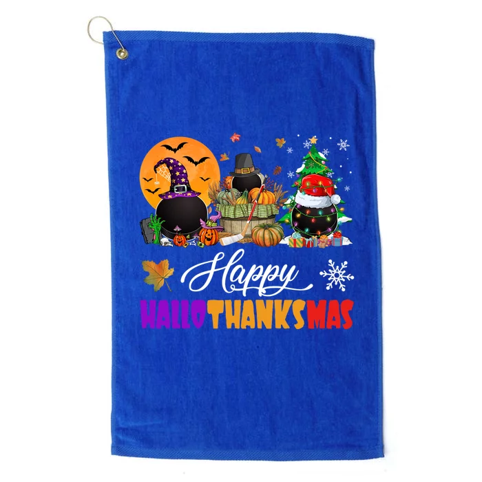 Witch Pilgrim Santa Ice Hockey Pucks Happy Hallothanksmas Great Gift Platinum Collection Golf Towel