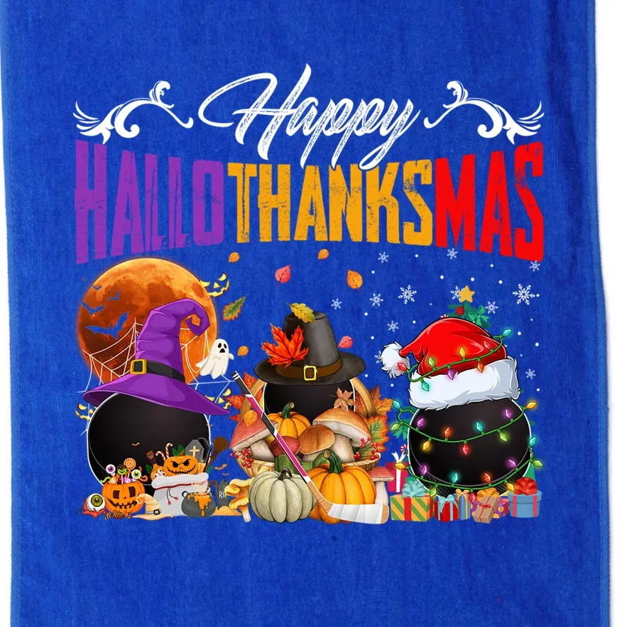 Witch Pilgrim Santa Ice Hockey Pucks Happy Hallothanksmas Great Gift Platinum Collection Golf Towel