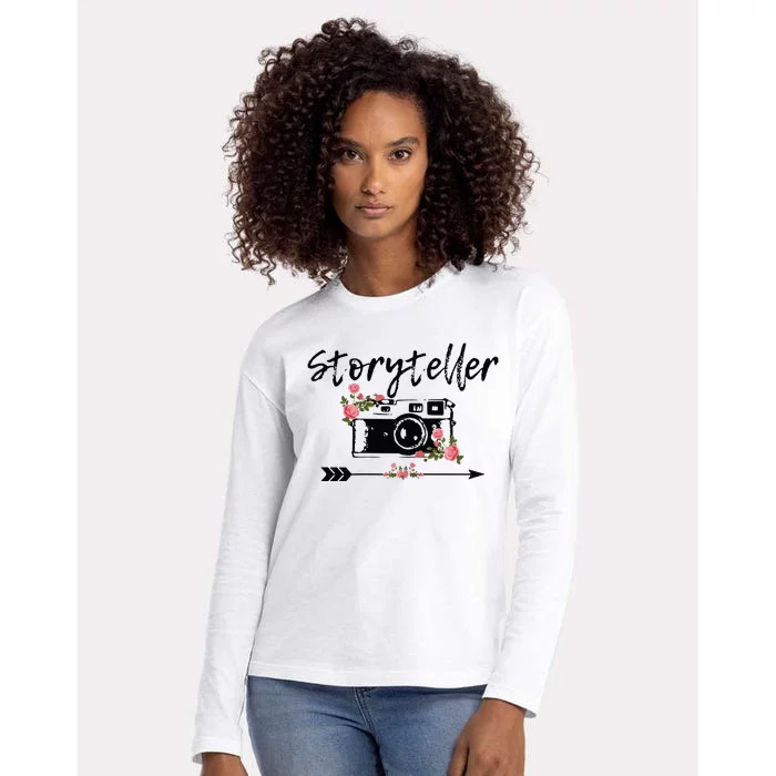 Womens Photographer Storyteller Vintage Floral Camera Photography Womens Cotton Relaxed Long Sleeve T-Shirt