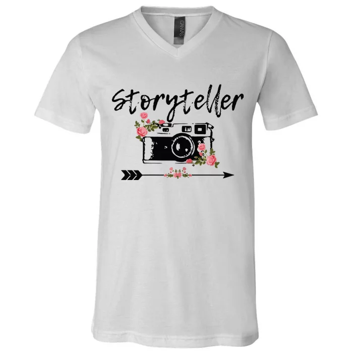 Womens Photographer Storyteller Vintage Floral Camera Photography V-Neck T-Shirt