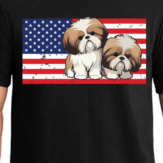 Womens Patriotic Shih Tzu 4th Of July USA American Flag Dog Lover VNeck Pajama Set