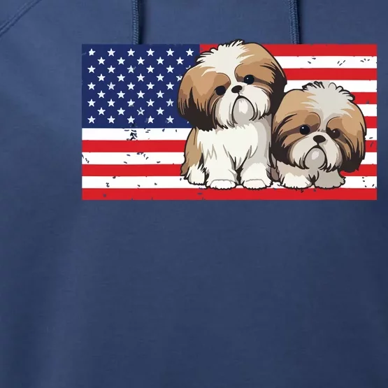 Womens Patriotic Shih Tzu 4th Of July USA American Flag Dog Lover VNeck Performance Fleece Hoodie