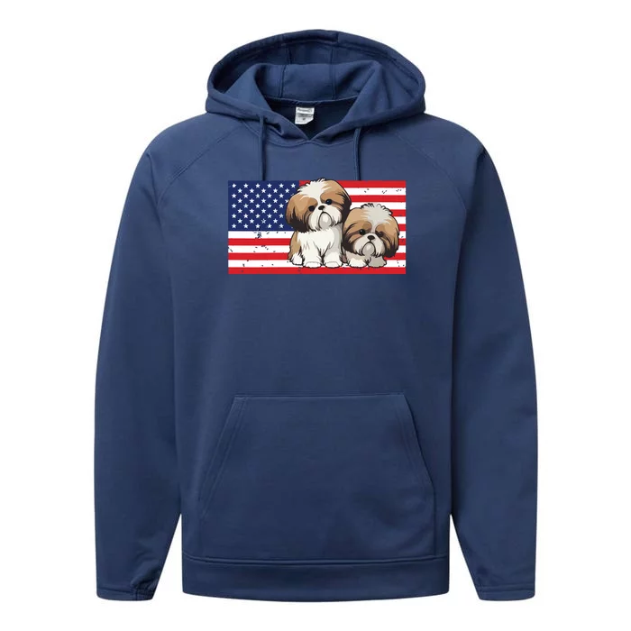 Womens Patriotic Shih Tzu 4th Of July USA American Flag Dog Lover VNeck Performance Fleece Hoodie