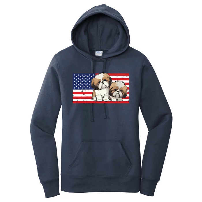 Womens Patriotic Shih Tzu 4th Of July USA American Flag Dog Lover VNeck Women's Pullover Hoodie