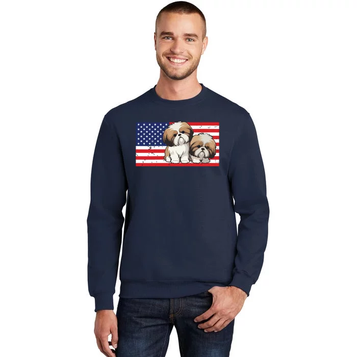 Womens Patriotic Shih Tzu 4th Of July USA American Flag Dog Lover VNeck Tall Sweatshirt