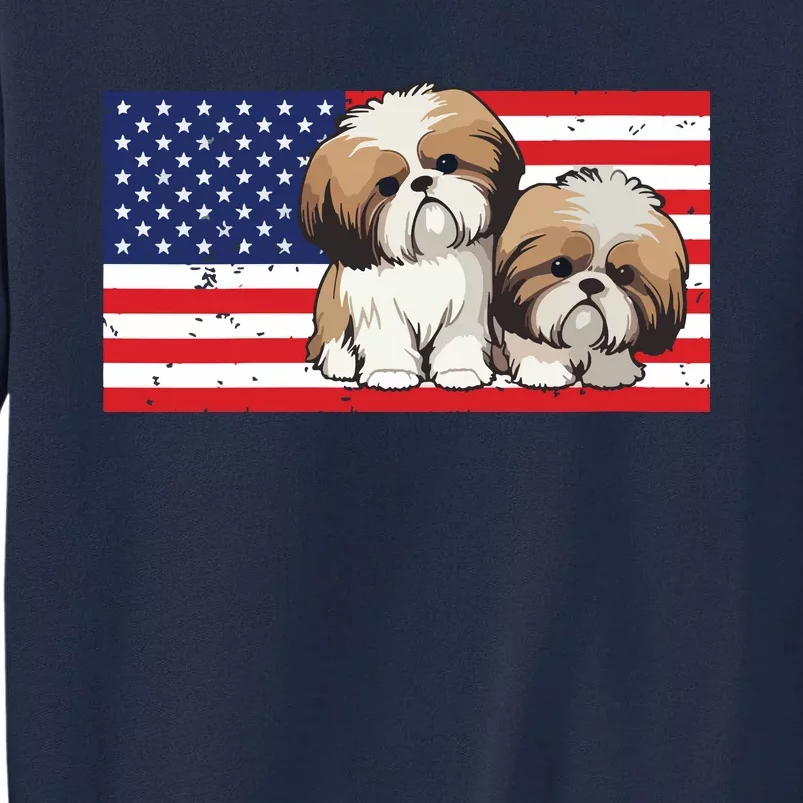 Womens Patriotic Shih Tzu 4th Of July USA American Flag Dog Lover VNeck Tall Sweatshirt