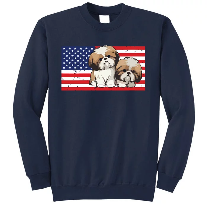 Womens Patriotic Shih Tzu 4th Of July USA American Flag Dog Lover VNeck Tall Sweatshirt