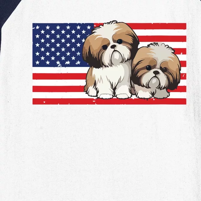 Womens Patriotic Shih Tzu 4th Of July USA American Flag Dog Lover VNeck Baseball Sleeve Shirt