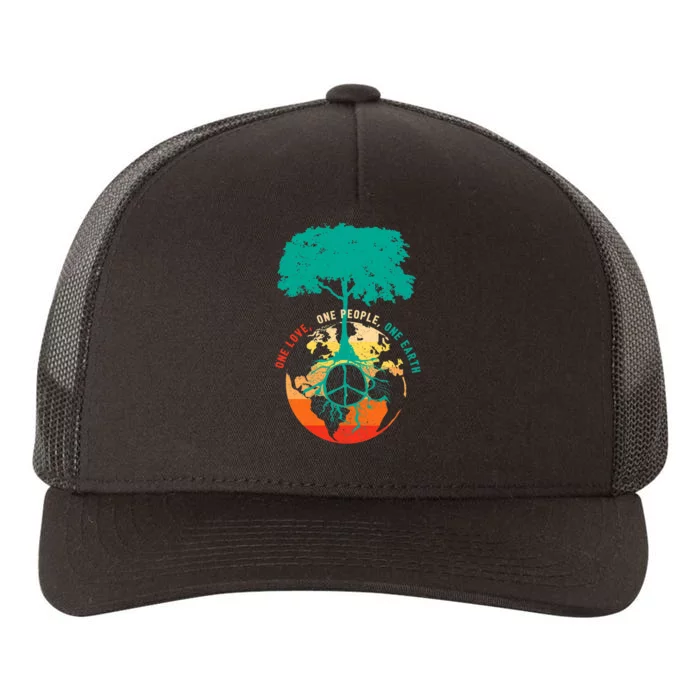 World Peace Tree Love People Earth Day 60s 70s Hippie Retro Yupoong Adult 5-Panel Trucker Hat