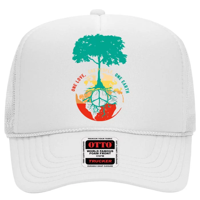 World Peace Tree Love People Earth Day 60s 70s Hippie Retro High Crown Mesh Trucker Hat