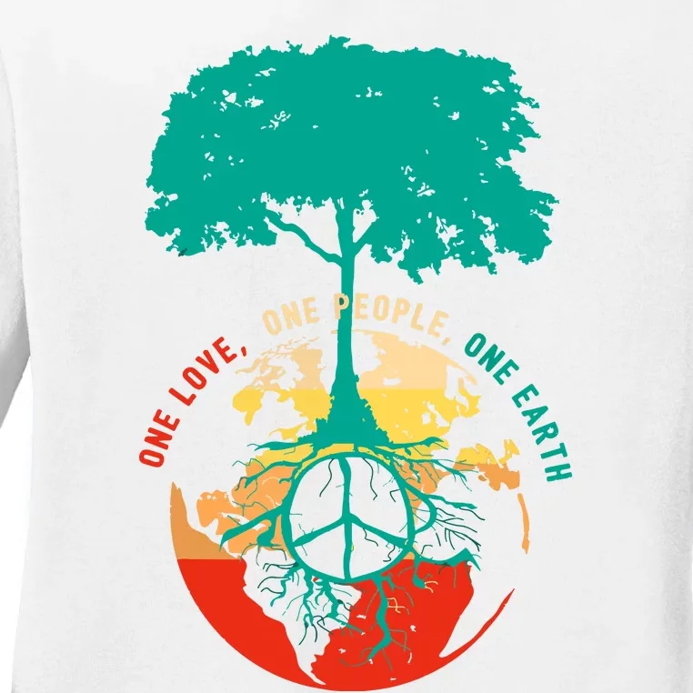 World Peace Tree Love People Earth Day 60s 70s Hippie Retro Ladies Long Sleeve Shirt