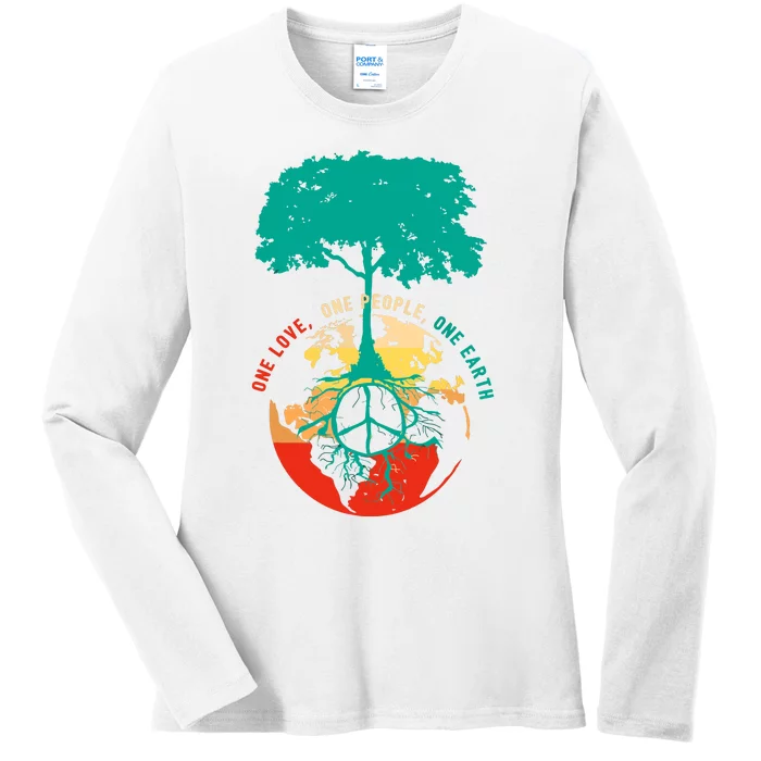 World Peace Tree Love People Earth Day 60s 70s Hippie Retro Ladies Long Sleeve Shirt